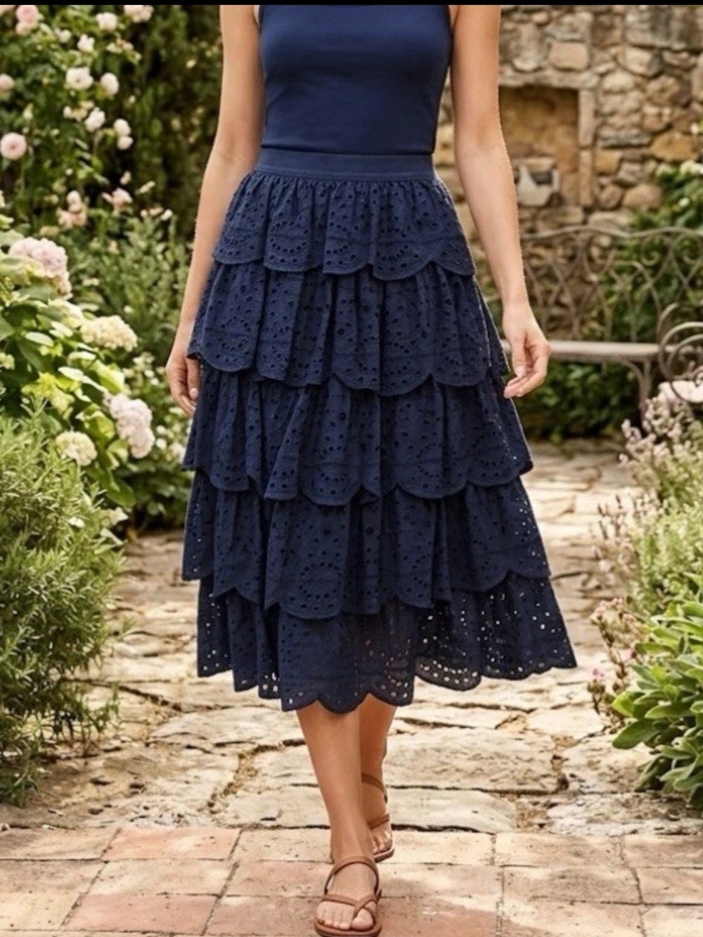 A Loves A Tiered Eyelet Midi Skirt in Navy Cotton- M